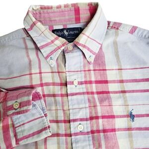 Ralph Lauren Plaid Button Down Shirt Mens Large Pink Blue Tan Long Sleeve Pony